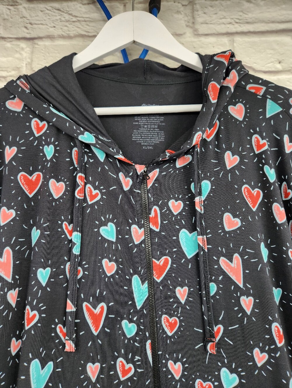 MeUndies Heart Print Hooded Zip Front One Piece Lounge Jumpsuit XL 2XL Cozy - Picture 5 of 12